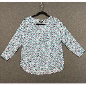 NYDJ Womens XS Floral Pleated Neck 3/4 Sleeve Blouse Blue Pink White Top